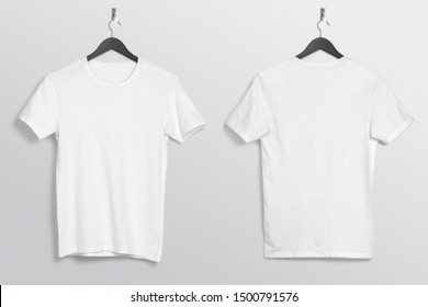 Front back crew neck white plan t shirt mockup hanging on wall