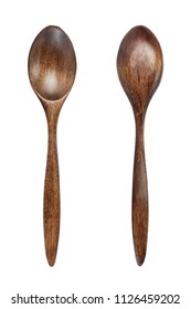 Front And Back Of Empty Brown Wood Spoon Isolate On White Background.