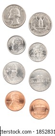 Front And Back Of The Four Most Common American Coins,quarter, Dime, Nickle,penny Isolated On A White Background