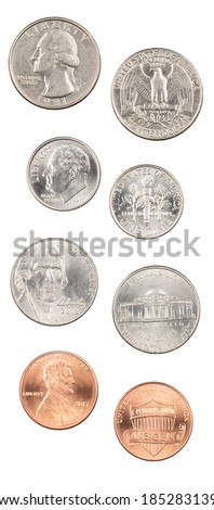 Front and back of the four most common American coins,quarter, dime, nickle,penny isolated on a white background