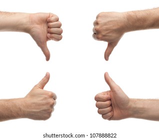 front and back male hands showing thumbs up and down isolated on white background