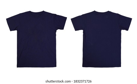 Front And Back Navy Blue Tshirt On White Background