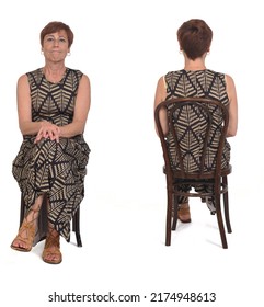 Front And Back Same Middle Aged Women Sitting On Chair On White Background