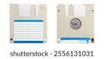 Front and back side of diskette or floppy disk, magnetic data storage medium for computer. Diskette with blank label isolated over white background.