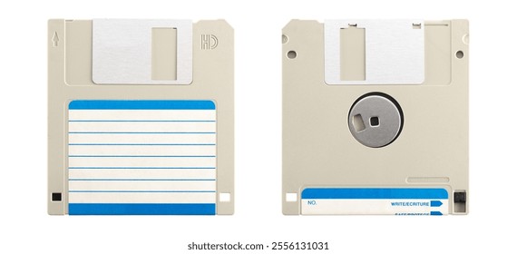 Front and back side of diskette or floppy disk, magnetic data storage medium for computer. Diskette with blank label isolated over white background.