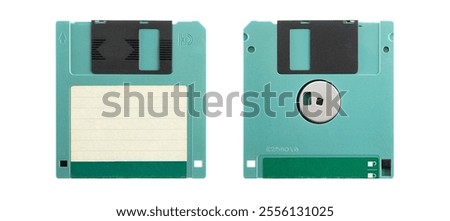 Front and back side of diskette or floppy disk, magnetic data storage medium for computer. Diskette with blank label isolated over white background.