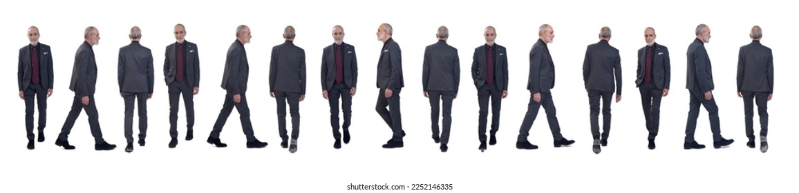 front, back and side view of same man with suit and tie walking on white background - Powered by Shutterstock