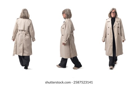 front, back and side view of same woman walking on white background