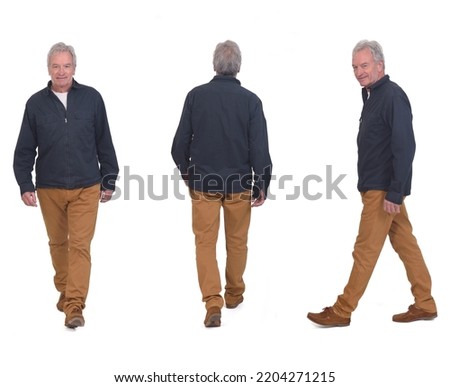 front, back and side view of same men walking on white background