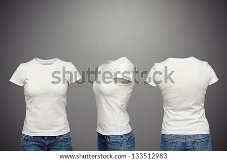 front, back and side views of blank feminine t-shirt over dark background