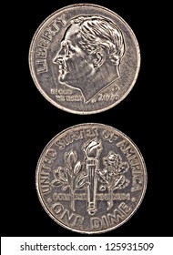 Front And Back Of A US 10 Cent Dime Isolated On Black