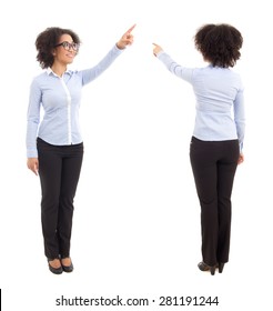 Front And Back View Of African American Business Woman Pointing At Something Isolated On White Background