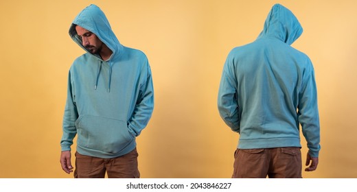 Front And Back View Of A Blue Hoodie Mockup For Design Print On Yellow Background.