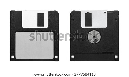 Front and back view of a classic 3.5-inch black floppy disk on white background.
