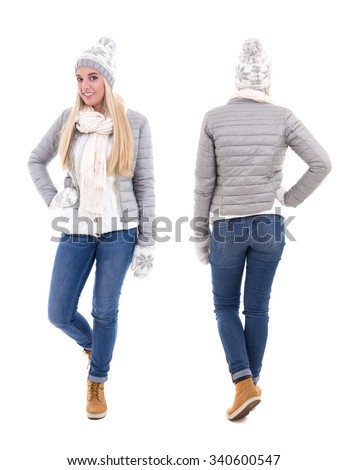 front and back view of cute beautiful woman in winter clothes isolated on white background