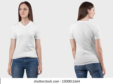 Front back view of female model wearing white plan v neck half sleeve t shirt