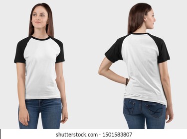 Front Back View Of Female Model Wearing White And Black Plan Raglan Shirt