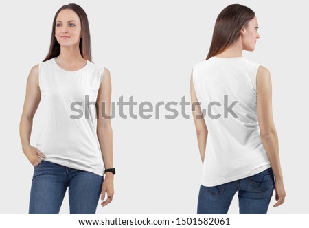 Front back view of female model wearing white plan sleeveless shirt 