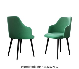 Front and back view of green modern dining chair isolated on white background