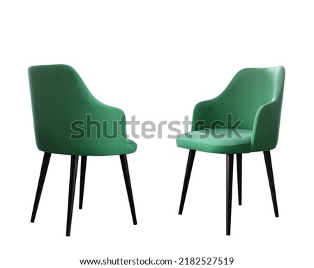 Front and back view of green modern dining chair isolated on white background
