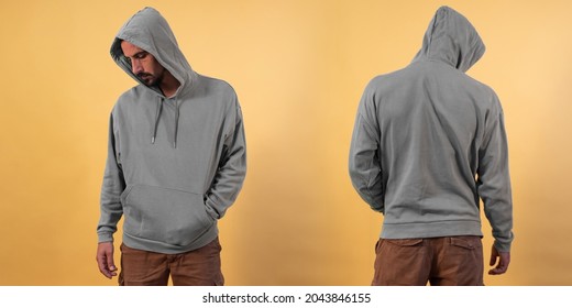 Front And Back View Of A Grey Hoodie Mockup For Design Print On Yellow Background.