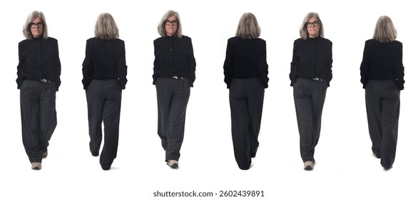 front and back view of a group of  same woman walking  on white background