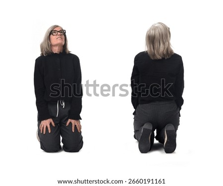 front and back view of  group of same woman kneeling and looking up on white background