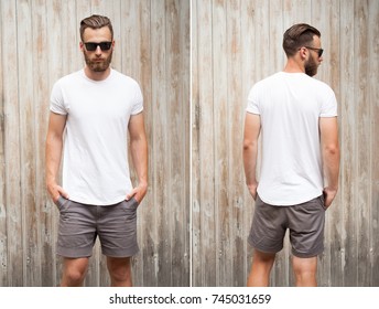Front and back view of a hipster handsome male model with beard wearing white blank t-shirt with space for your logo or design in casual urban style with sunglasses