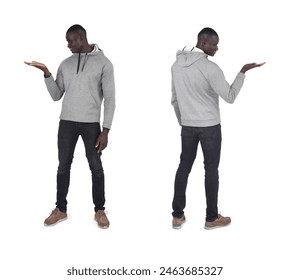 front and back view man showing an imaginary object in her hand on white background.  - Powered by Shutterstock