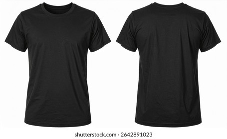 Front and back view of a plain black t-shirt isolated on a white background. Perfect for mockups.