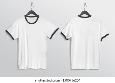 Front Back View Of Plan White Ringer T Shirt Mockup Hanging On Wall 