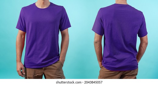 Front And Back View Of A Purple T-shirt Mockup For Design Print On Blue Background.