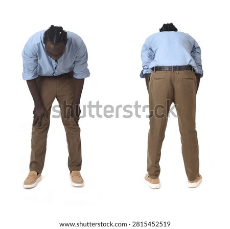 front and back view of a same man standing hunched  on a white background