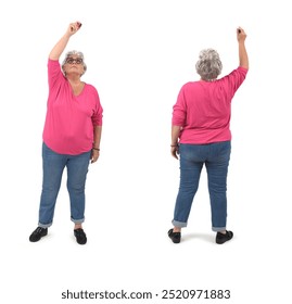 front and back view of same senior woman drawing with marker with raised arm on white background