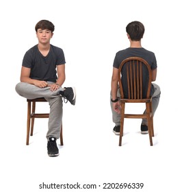 Front And Back View Of Same Teen Sitting On Chair On White Background