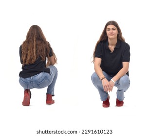  front and back view same young girl long-haired squatting on white background