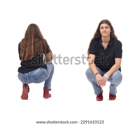  front and back view same young girl long-haired squatting on white background
