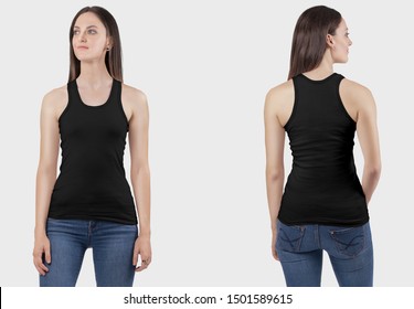 Front and back view side of female model wearing black plan tank top shirt 