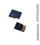 Front and Back View of Two Black Micro SD Memory Cards Isolated on White