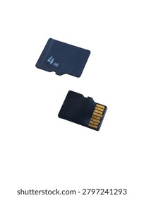 Front and Back View of Two Black Micro SD Memory Cards Isolated on White