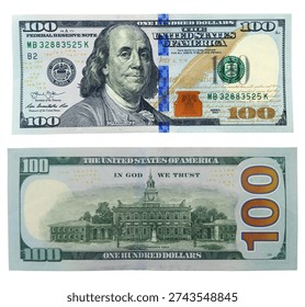 Front and back view of a US 100 dollar bill featuring Benjamin Franklin and Independence Hall isolated on white background.