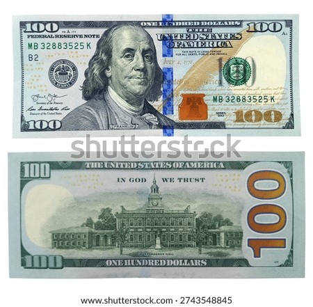Front and back view of a US 100 dollar bill featuring Benjamin Franklin and Independence Hall isolated on white background.