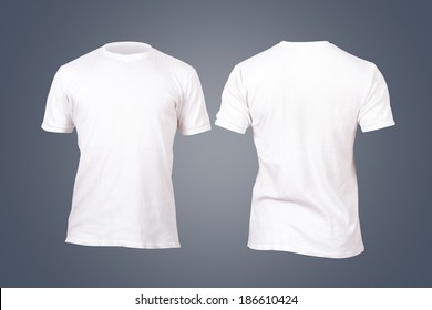 Front And Back View White Tshirt Template For Your Design On Dark Background.