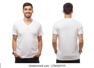 Front And Back View Of Young Man Standing With Hands In Pockets, Wearing Blank Tshirt With Copy Space, Isolated On White Background