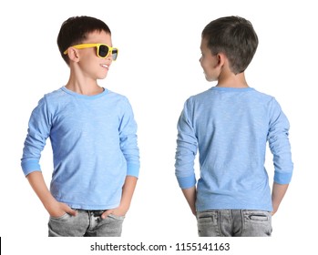 Front And Back Views Of Little Boy In Long Sleeve T-shirt On White Background. Mockup For Design