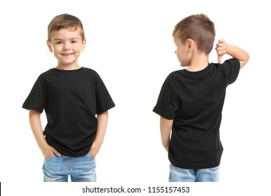 Front and back views of little boy in black t-shirt on white background. Mockup for design