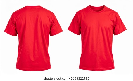 Front and back views of a plain red t-shirt isolated on a white background. Perfect for mockups.