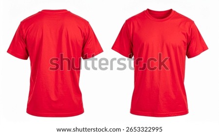 Front and back views of a plain red t-shirt isolated on a white background. Perfect for mockups.