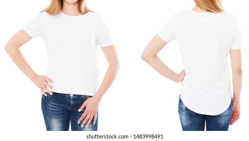 Front Back Views Woman T-shirt,white Tshirt Set Isolated,mock Up