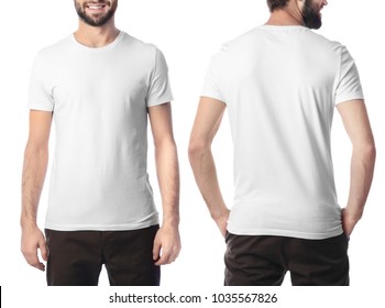 Front and back views of young man in stylish t-shirt on white background. Mockup for design - Shutterstock ID 1035567826